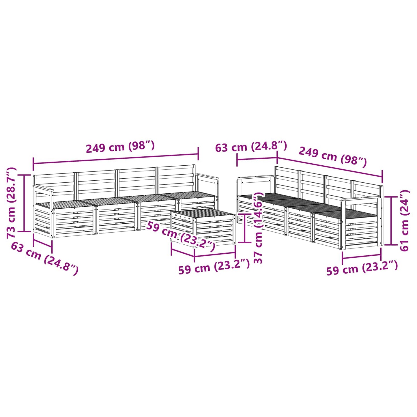 Set divani 9 pcs Naturale Legno di Acacia Massello