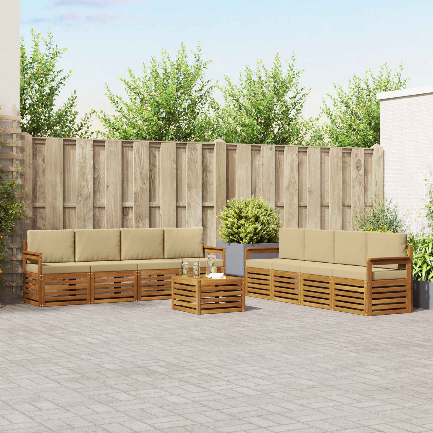 Set divani 9 pcs Naturale e Beige Legno di Acacia Massello