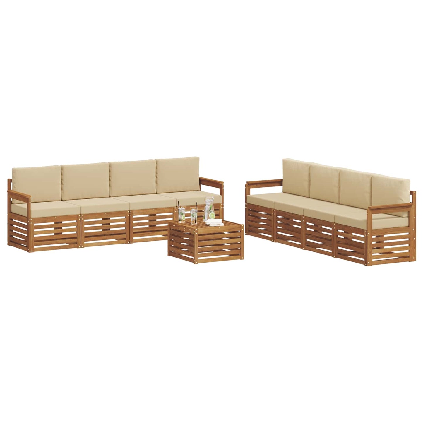 Set divani 9 pcs Naturale e Beige Legno di Acacia Massello