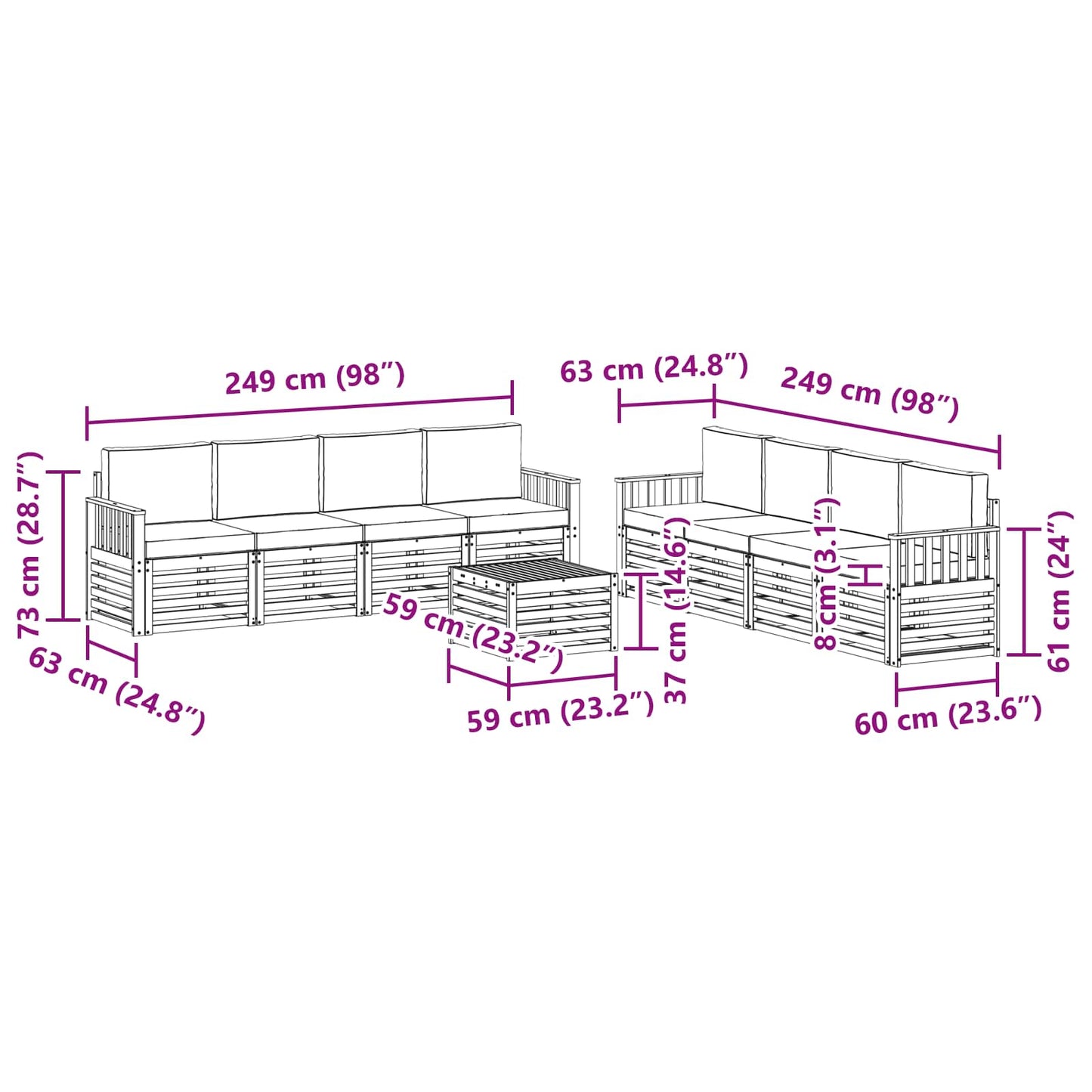 Set divani 9 pcs Naturale e Antracite Legno di Acacia Massello