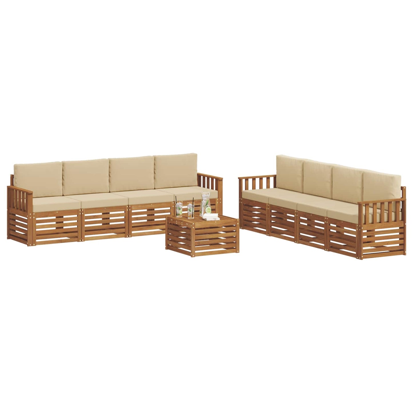 Set divani 9 pcs Naturale e Beige Legno di Acacia Massello