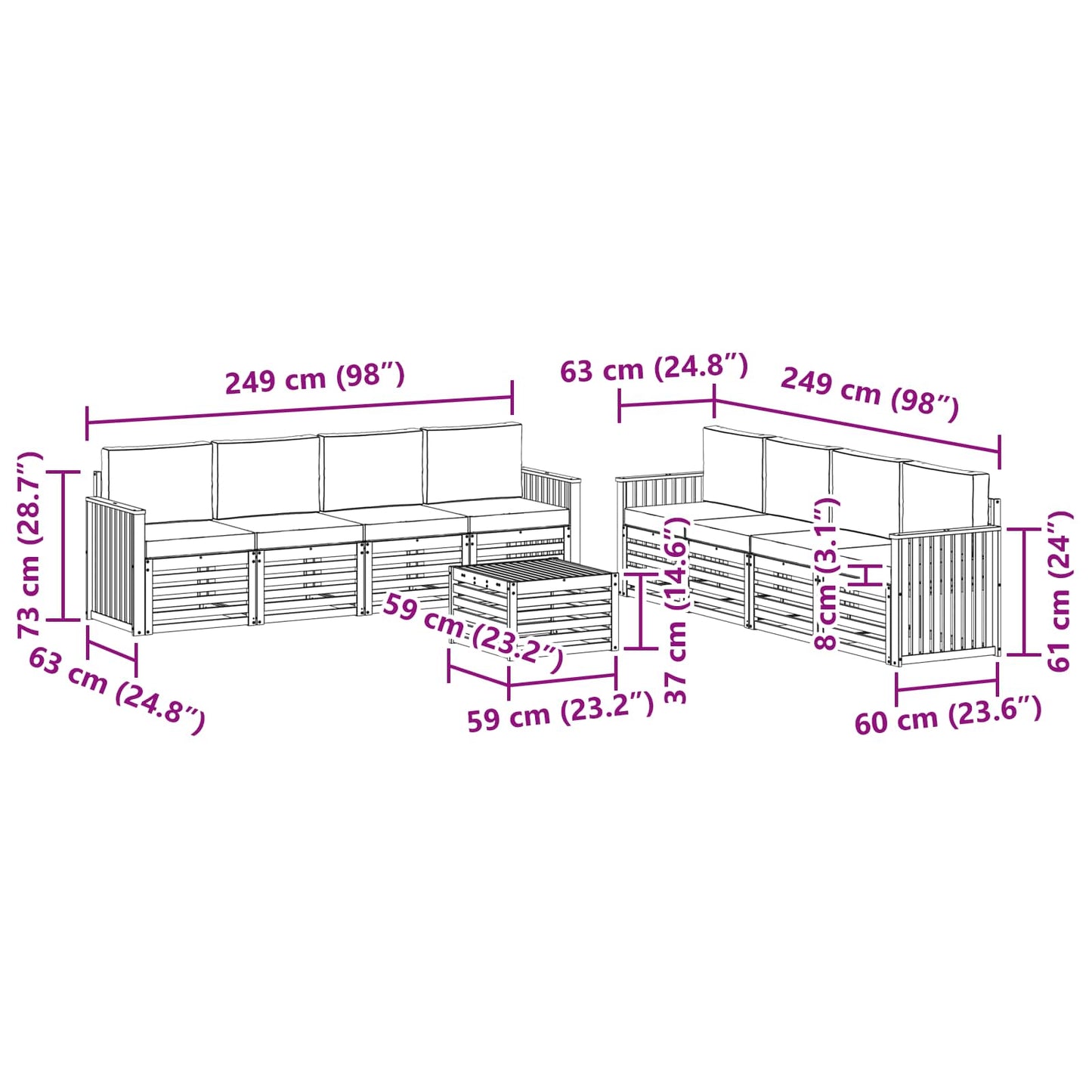 Set divani 9 pcs Naturale e Antracite Legno di Acacia Massello | homemem39