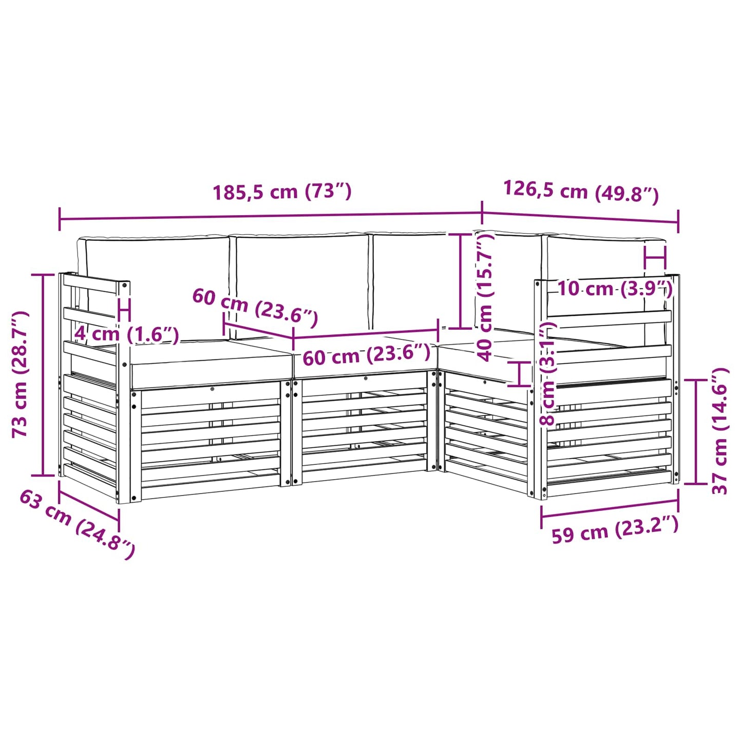 Set divani 4 pcs Naturale e Antracite Legno di Acacia Massello
