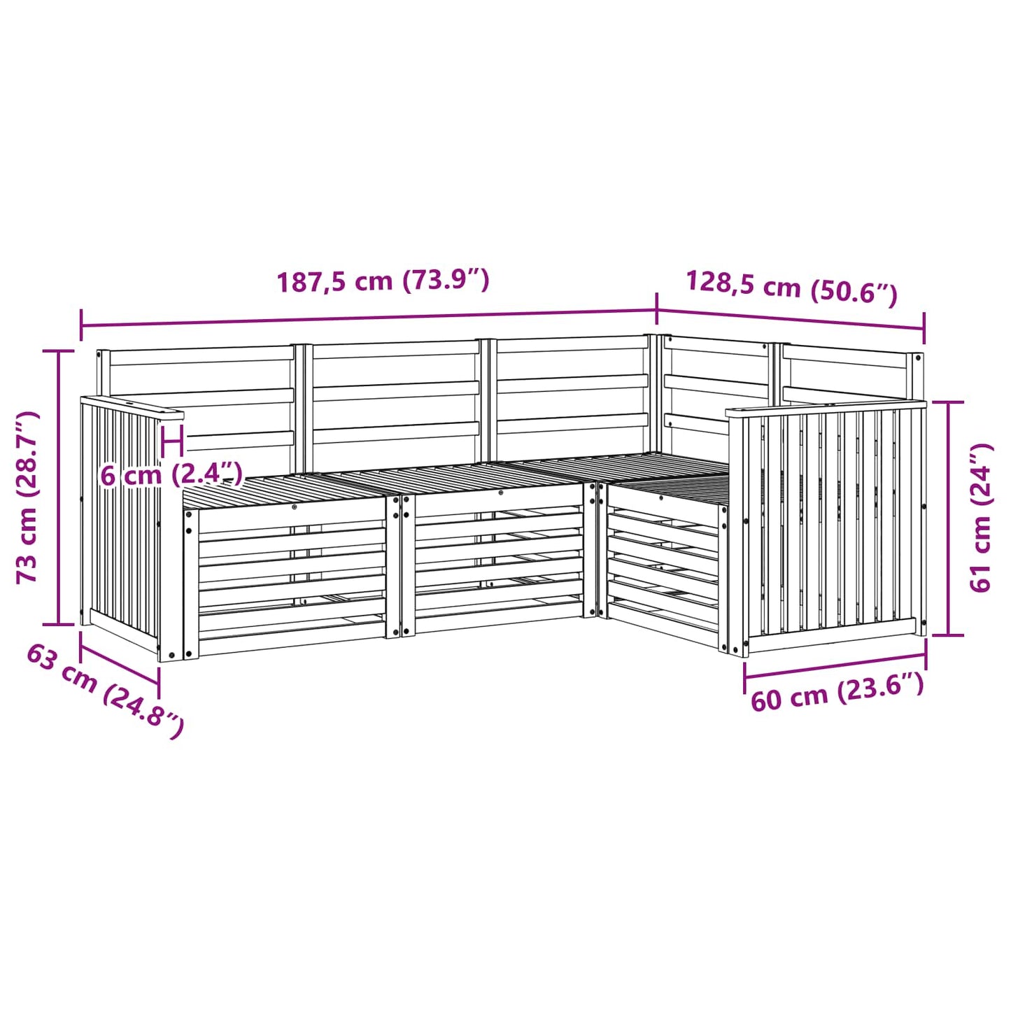 Set divani 4 pcs Naturale Legno di Acacia Massello