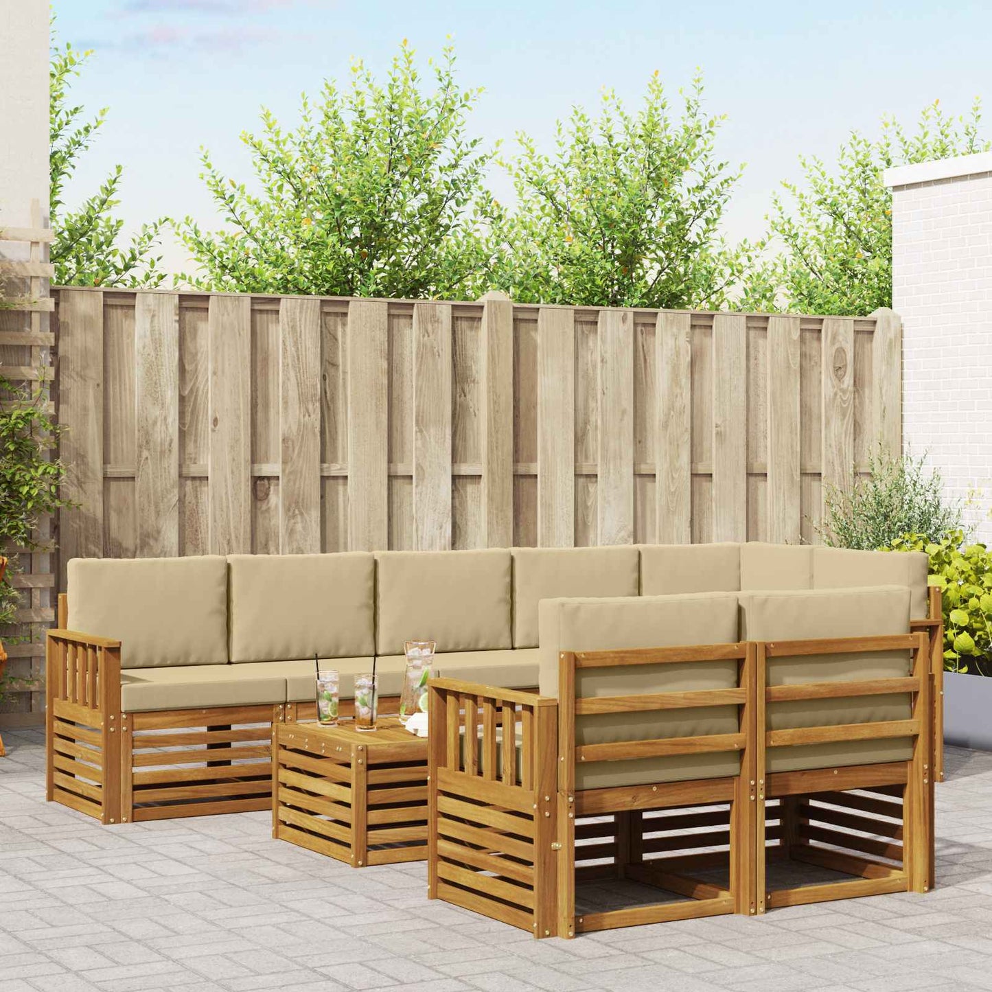 Set divani 9 pcs Naturale e Beige Legno di Acacia Massello