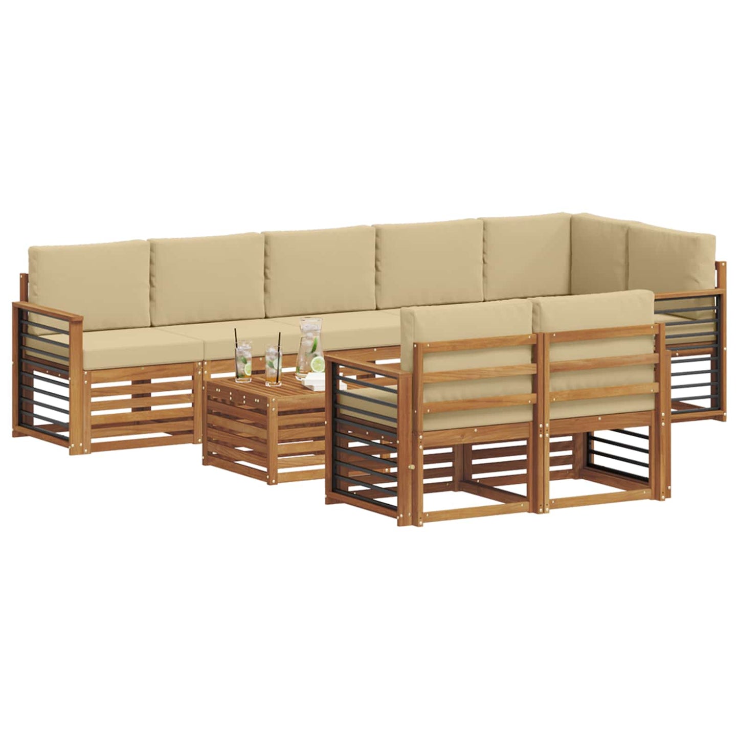 Set divani 9 pcs Naturale e Beige Legno di Acacia Massello