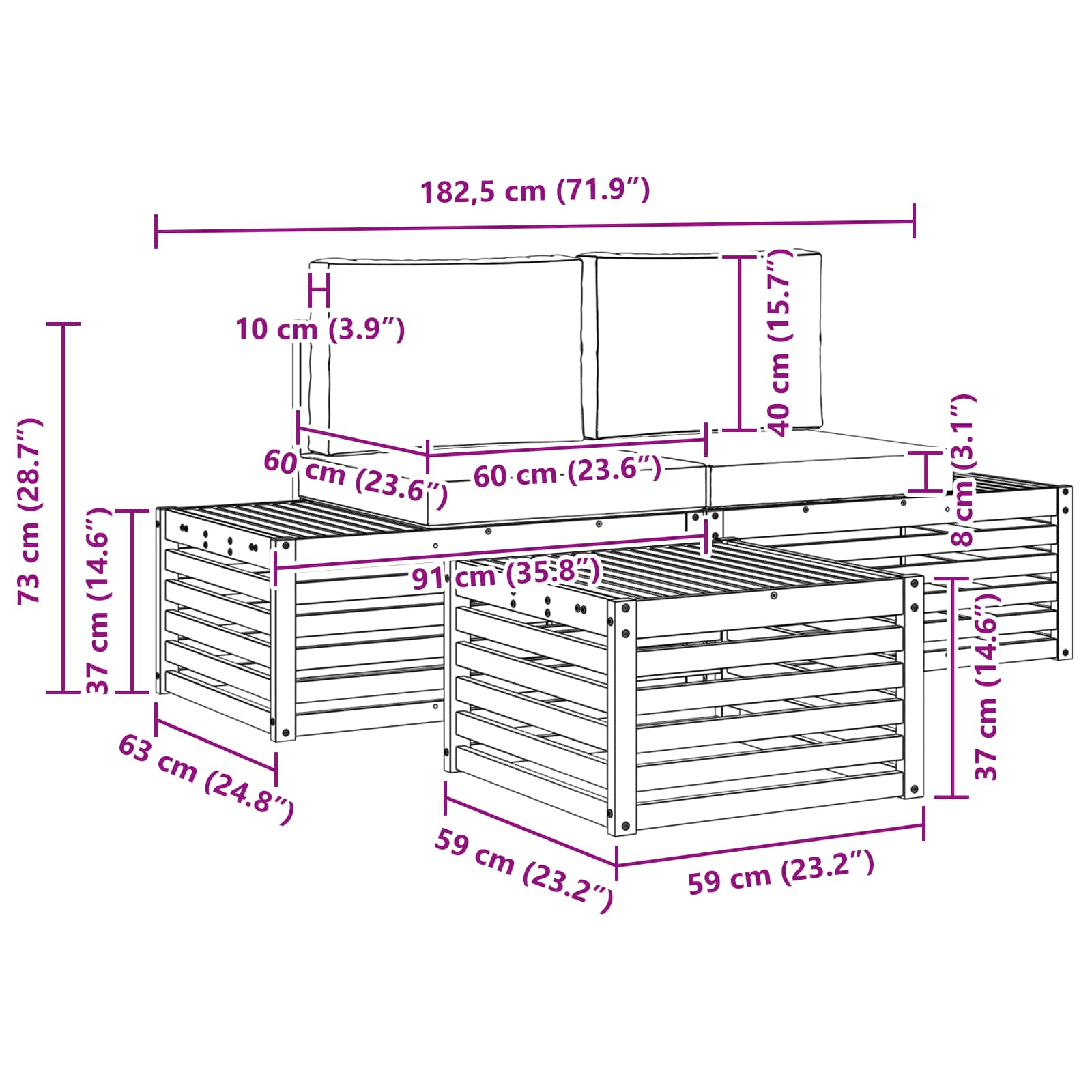Set di divani da esterno Naturale e Crema 59 x 59 x 37 cm | homemem39