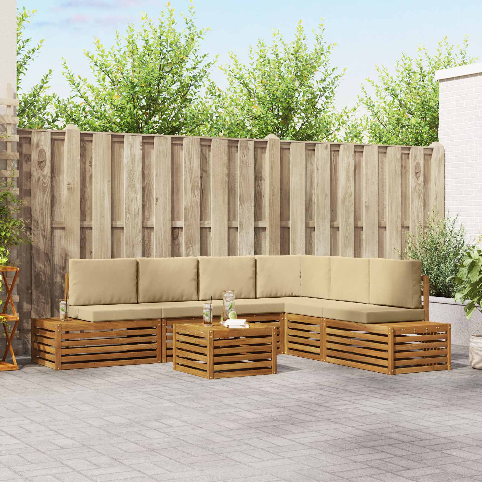 Set di divani da esterno con cuscino 7 Pezzo Naturale e Beige | homemem39