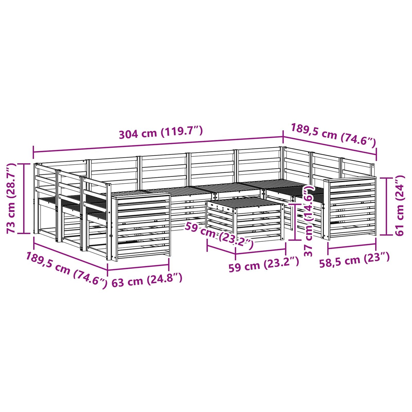 Set divani 10 pcs Naturale Legno di Acacia Massello
