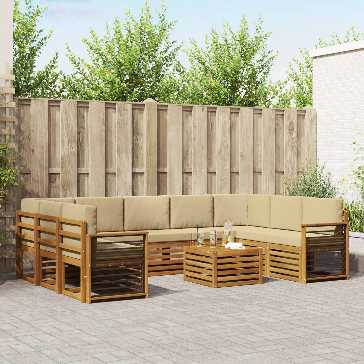 Set divani 10 pcs Naturale e Beige Legno di Acacia Massello