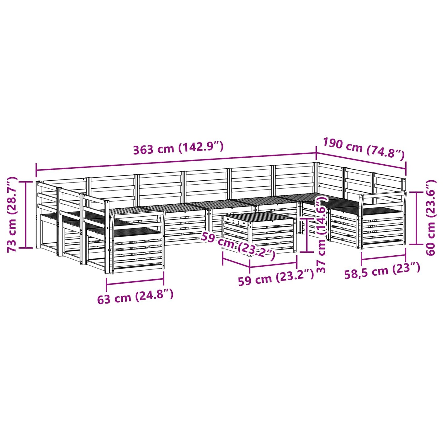 Set di divani da esterno 11 pcs Naturale