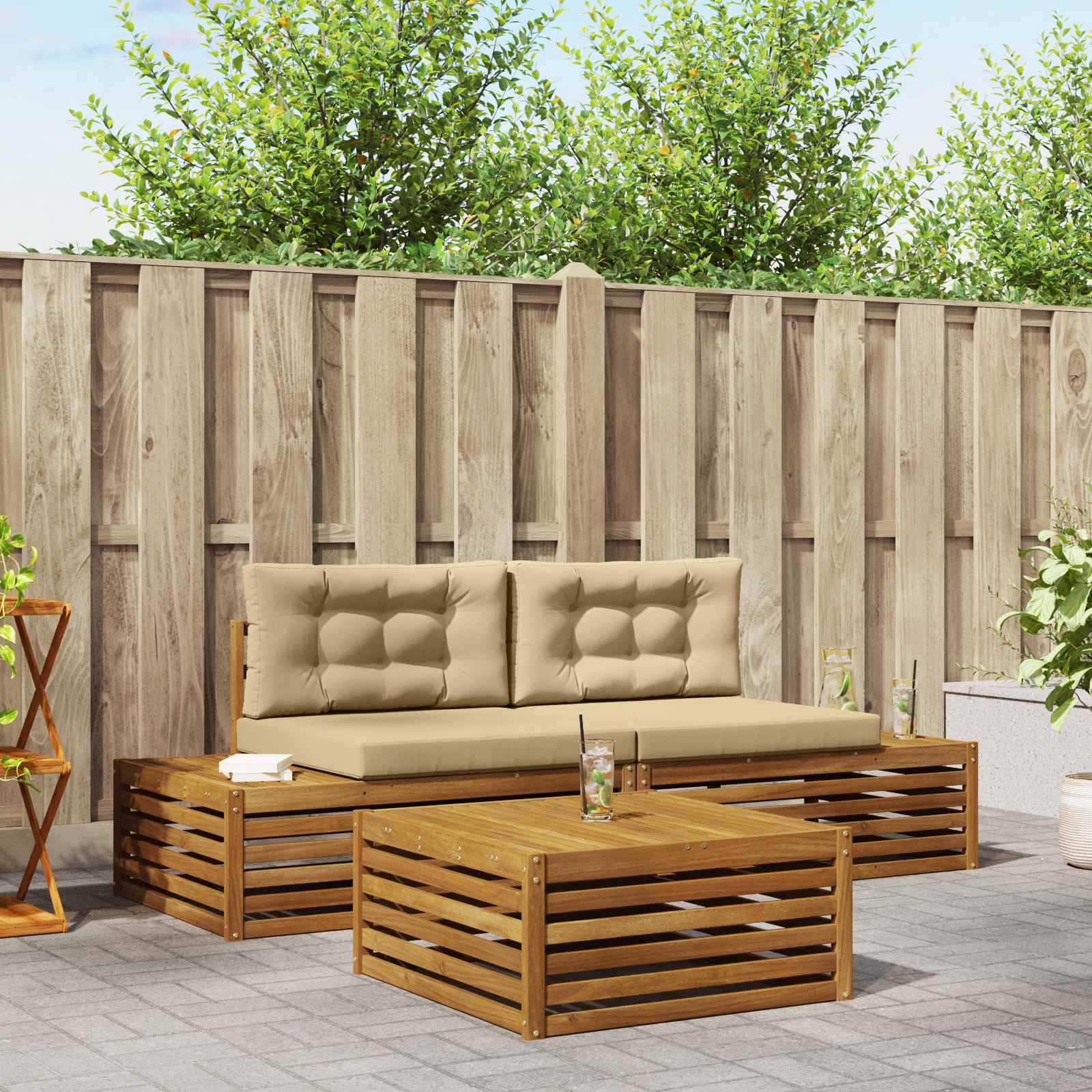 Set di divani da esterno con cuscino 3 Pezzo Naturale e Beige | homemem39