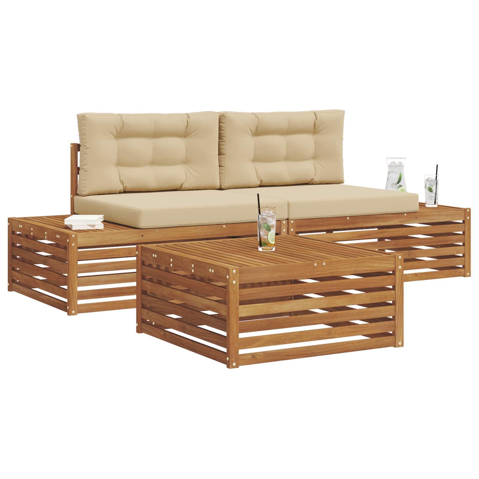 Set di divani da esterno con cuscino 3 Pezzo Naturale e Beige | homemem39