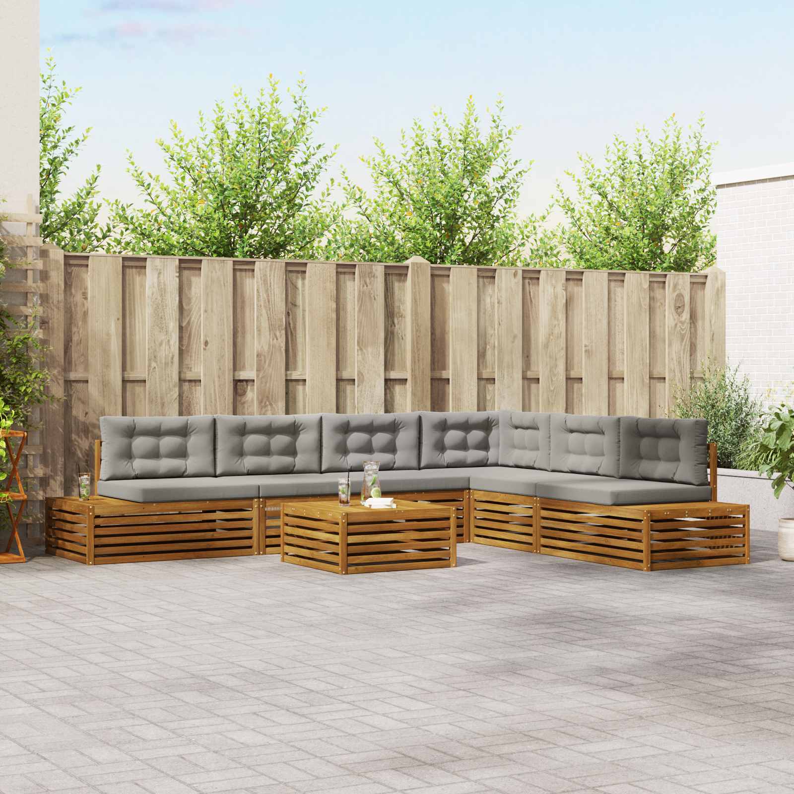 Set di divani da esterno 7 Pezzo Grigio Naturale e Chiaro | homemem39