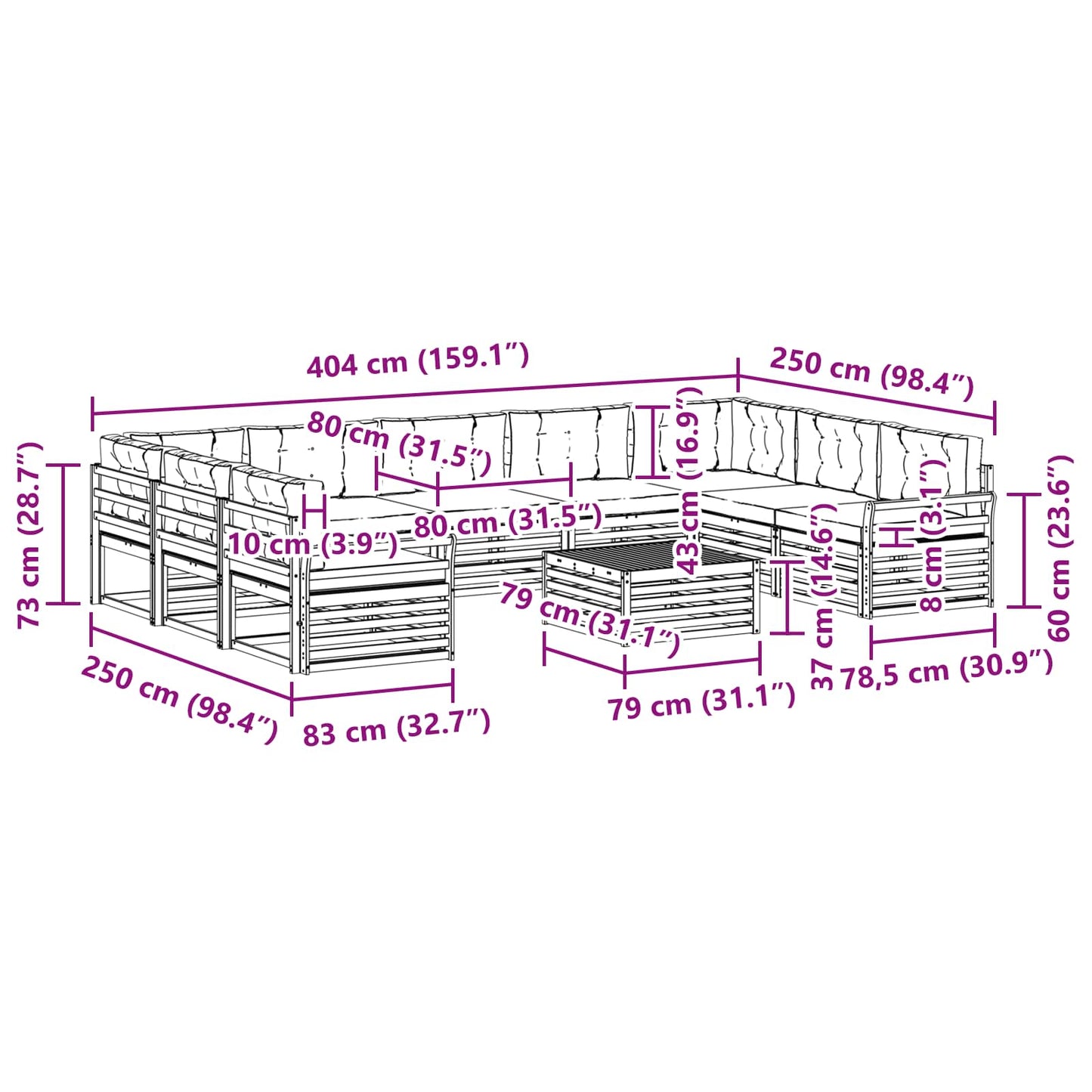 Set di divani da esterno con cuscino 10 pcs Naturale e Beige