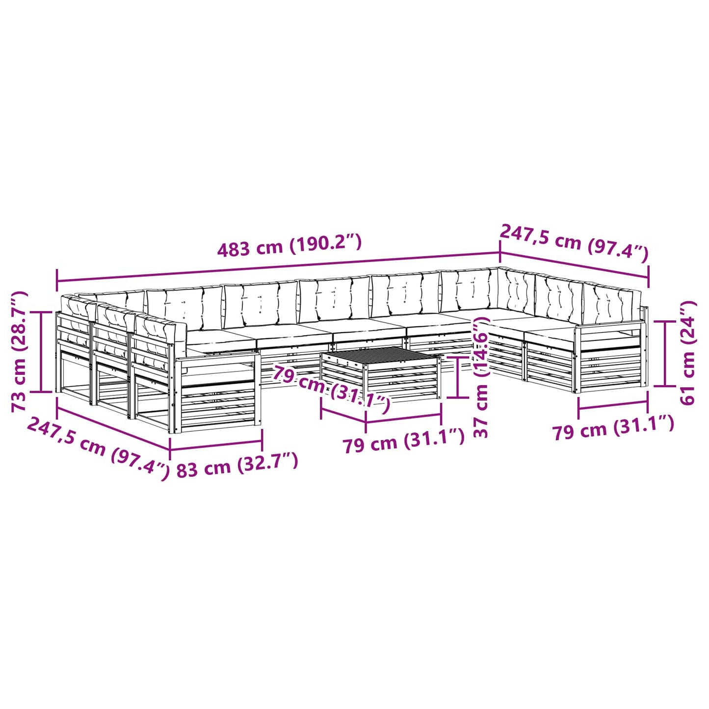 Set divani 11 pcs Naturale e Antracite Legno di Acacia Massello | homemem39