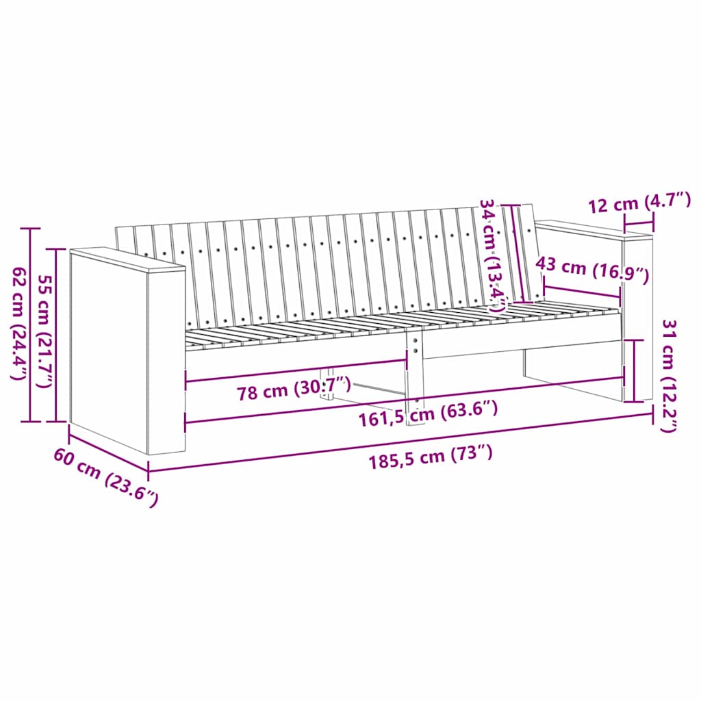 Divano da giardino Marrone 185,5 x 60 x 62 cm Pino massello