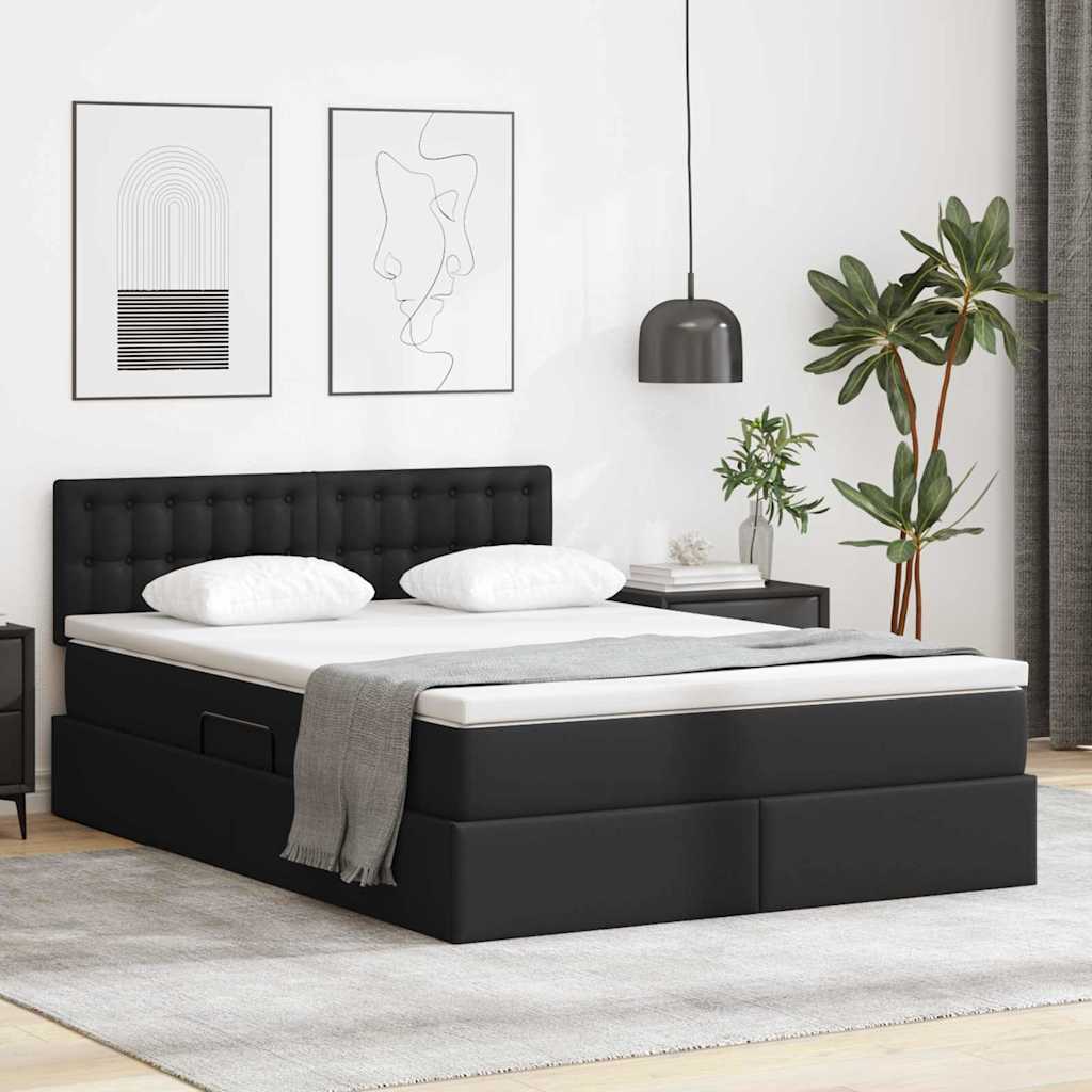 Letto con contenitore e LED Nero 140 x 190 cm Pelle Sintetica