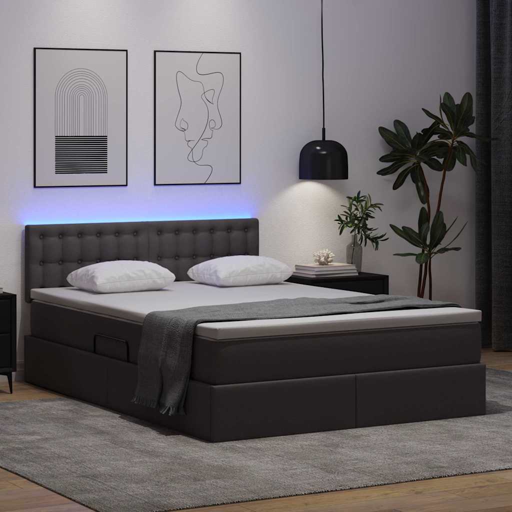 Letto con contenitore e LED Grigio 140 x 190 cm Pelle Sintetica
