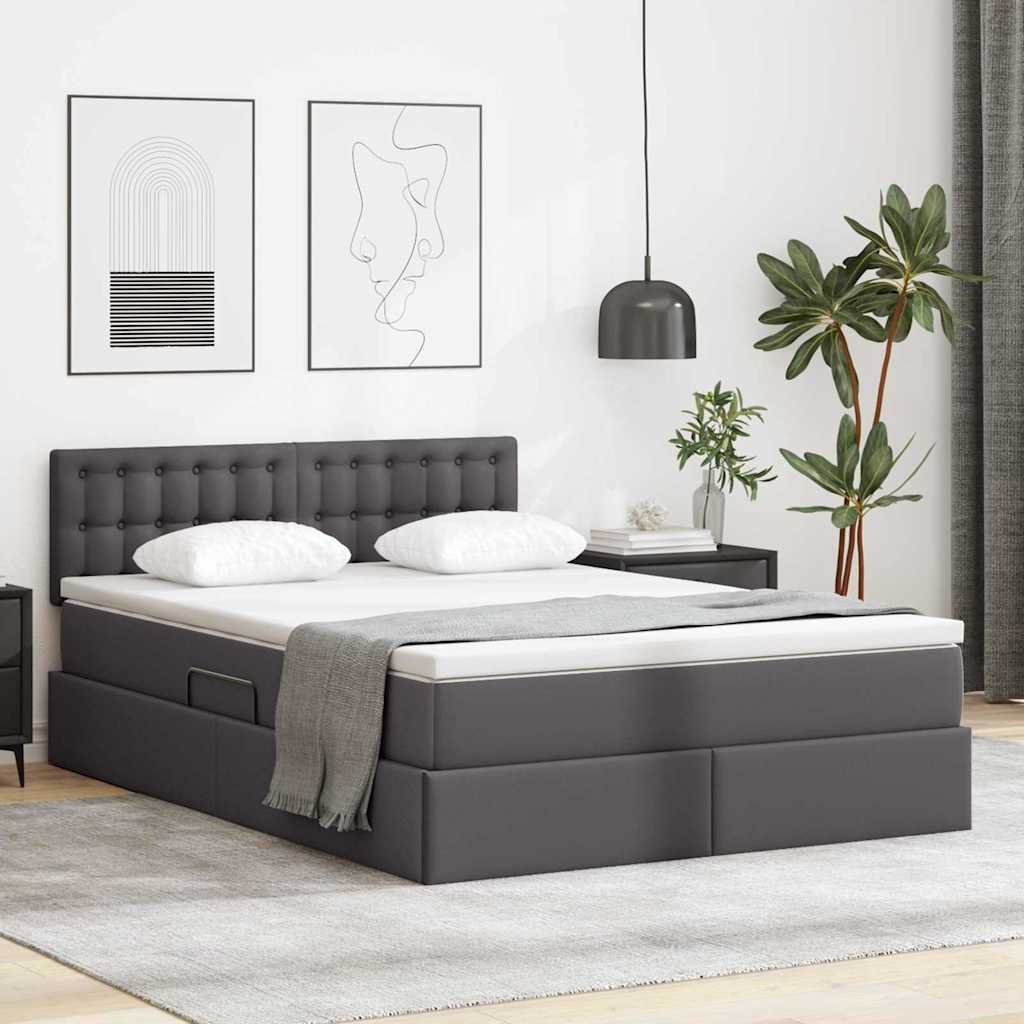 Letto con contenitore e LED Grigio 140 x 190 cm Pelle Sintetica