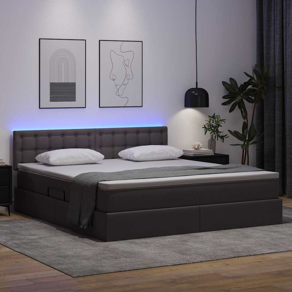 Letto con contenitore e LED Grigio 160 x 200 cm Pelle Sintetica