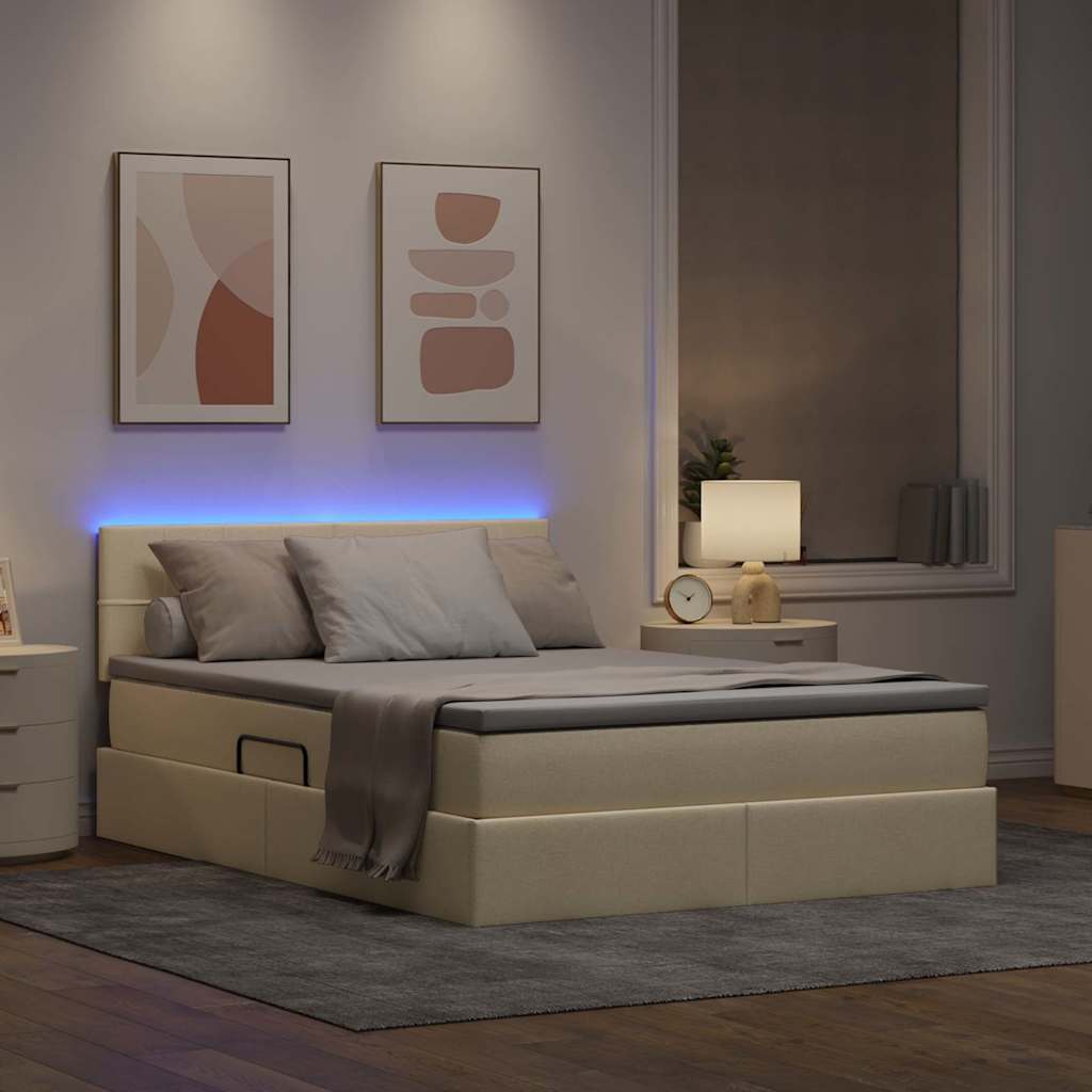 Letto con contenitore e LED con led Crema 140 x 190 cm Tessuto | homemem39
