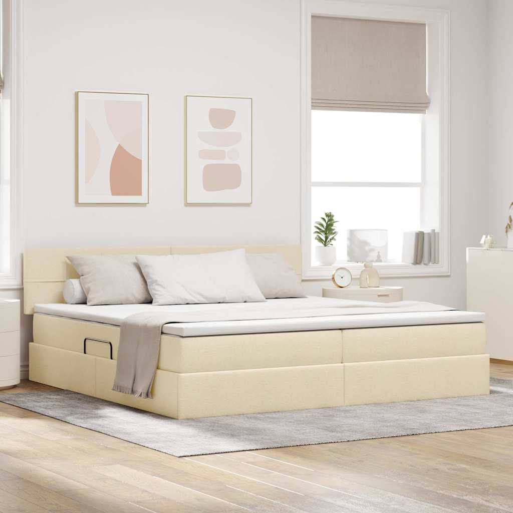 Letto con contenitore e LED con led Crema 200 x 200 cm Tessuto | homemem39