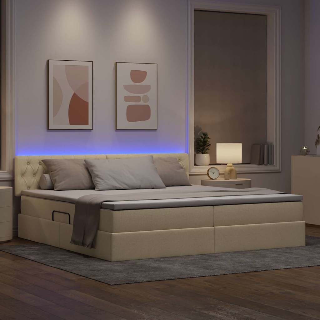 Letto con contenitore e LED con led Crema 200 x 200 cm Tessuto | homemem39