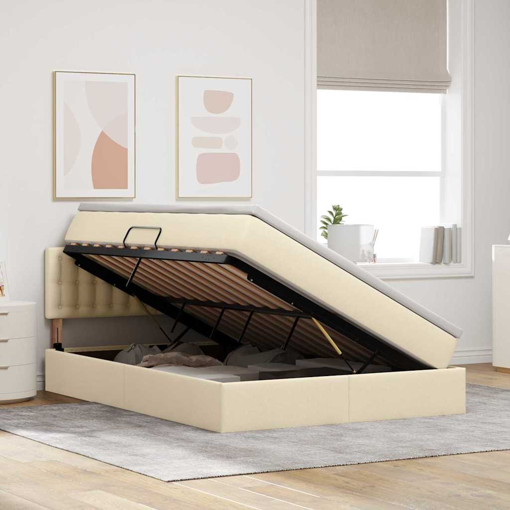 Letto con contenitore e LED con led Crema 140 x 190 cm Tessuto | homemem39