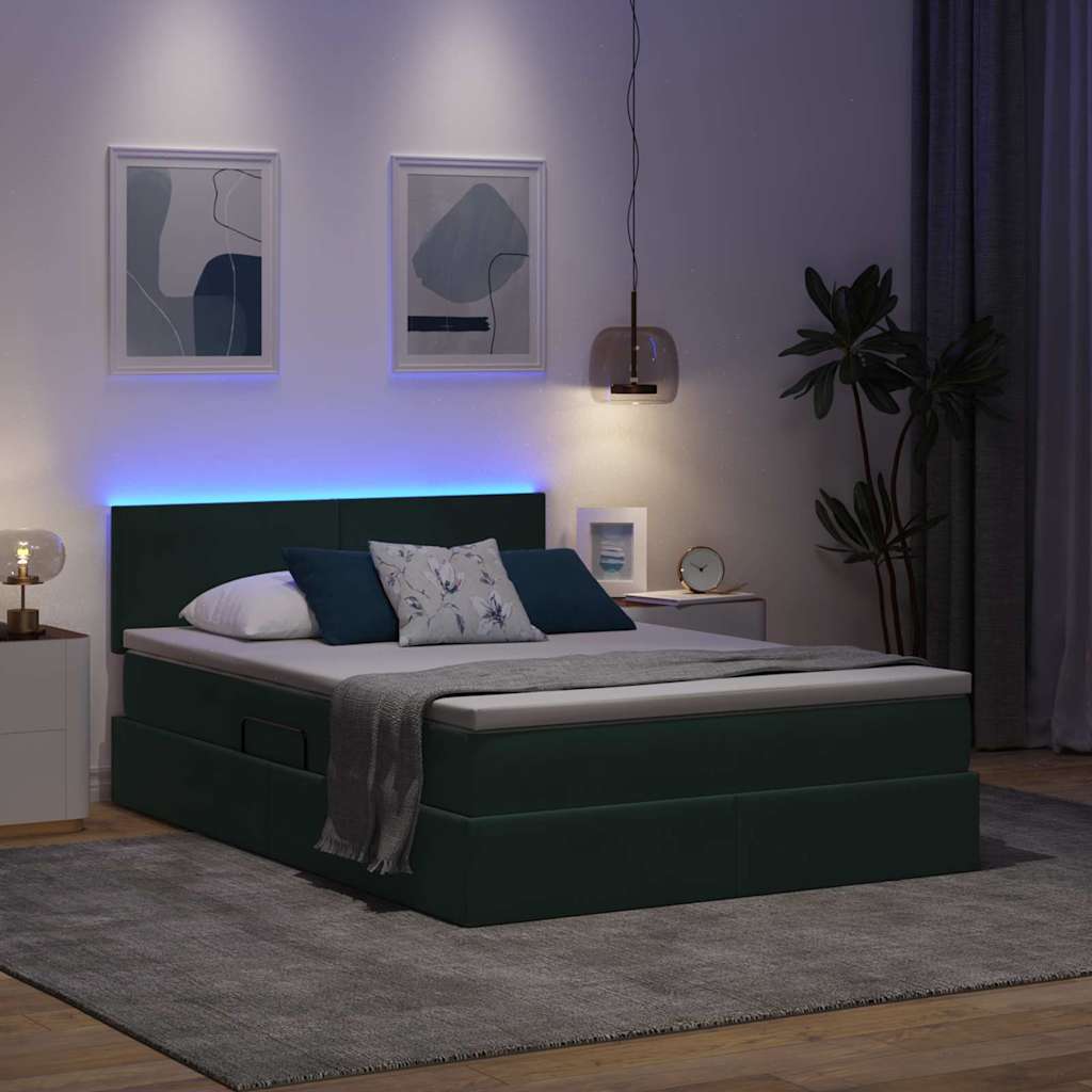 Letto con contenitore e LED Verde Scuro 140 x 190 cm Velluto | homemem39