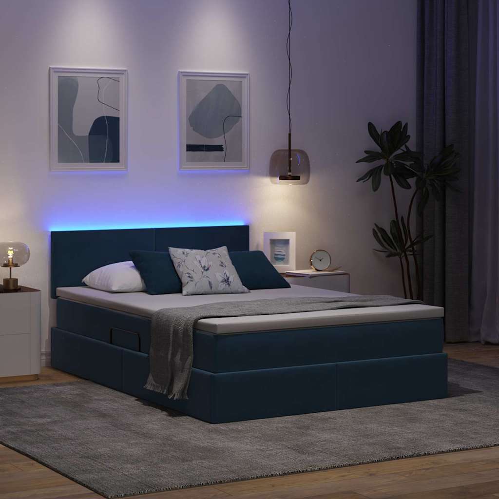 Letto con contenitore LED e materasso Blu Scuro 140 x 190 cm