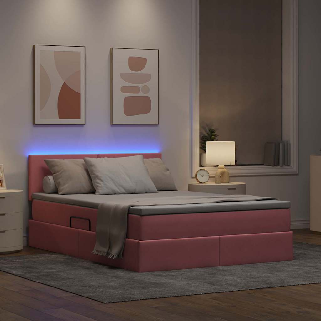 Letto con contenitore e LED Rosa 140 x 190 cm Velluto