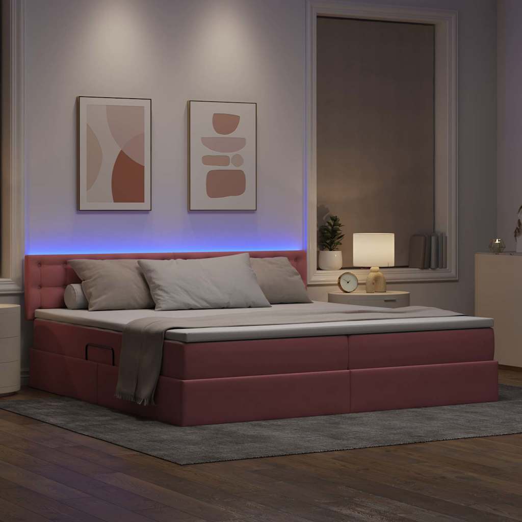Letto con contenitore e LED Rosa 200 x 200 cm Velluto