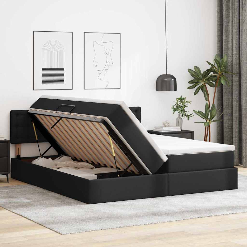 Letto con contenitore e LED Nero 200 x 200 cm Pelle Sintetica | homemem39
