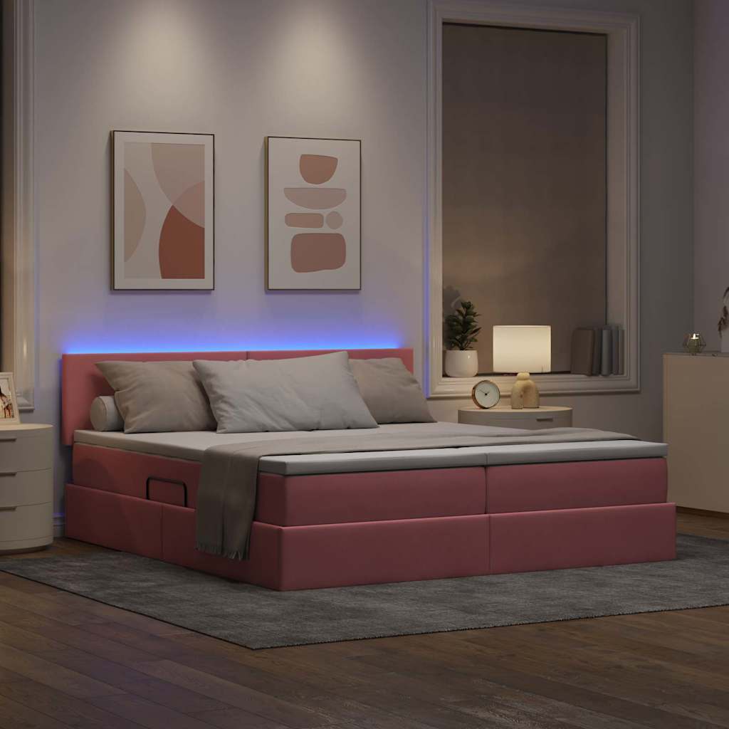 Letto con contenitore LED e materasso Rosa 200 x 200 cm Velluto