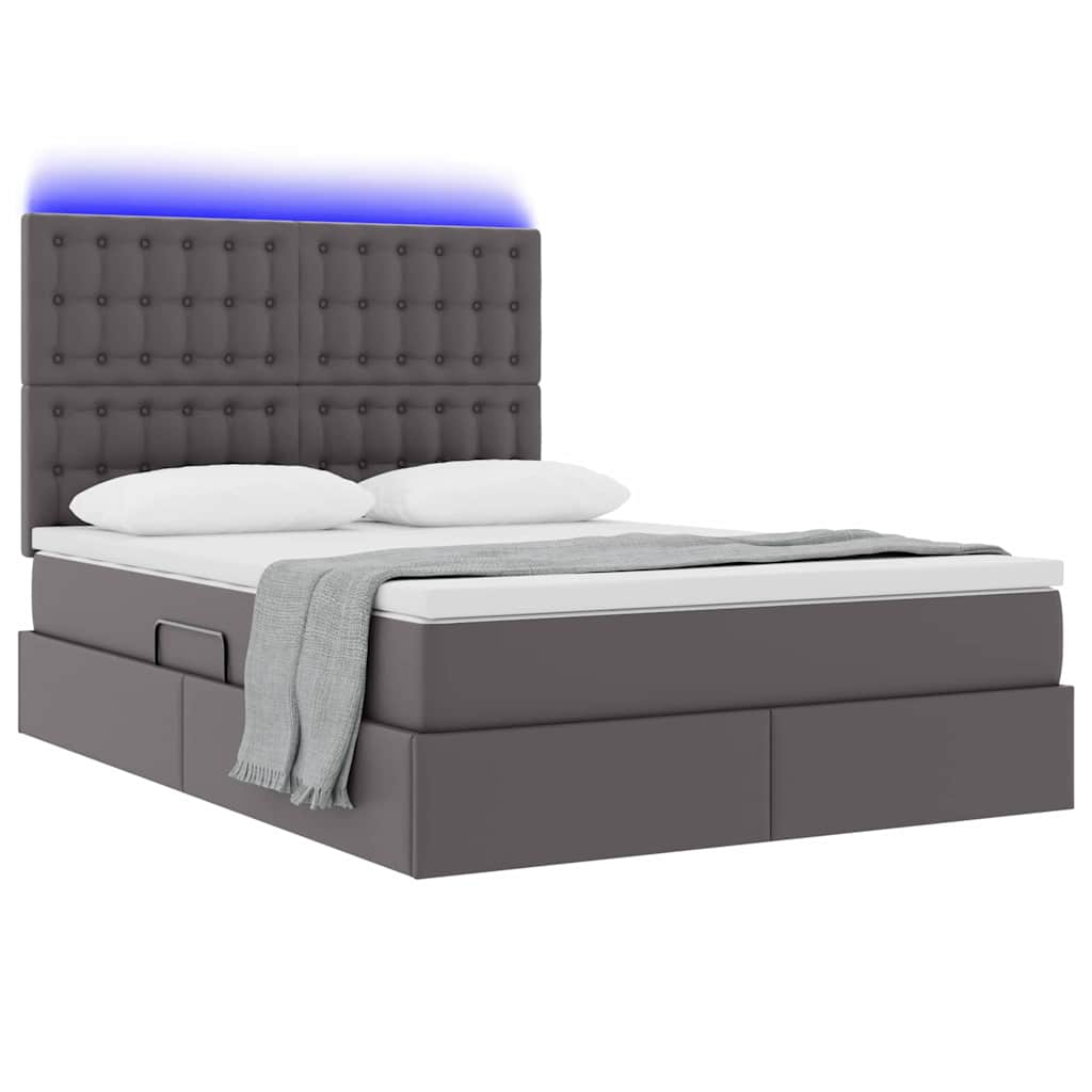 Letto con contenitore e LED Grigio 140 x 190 cm Pelle Sintetica