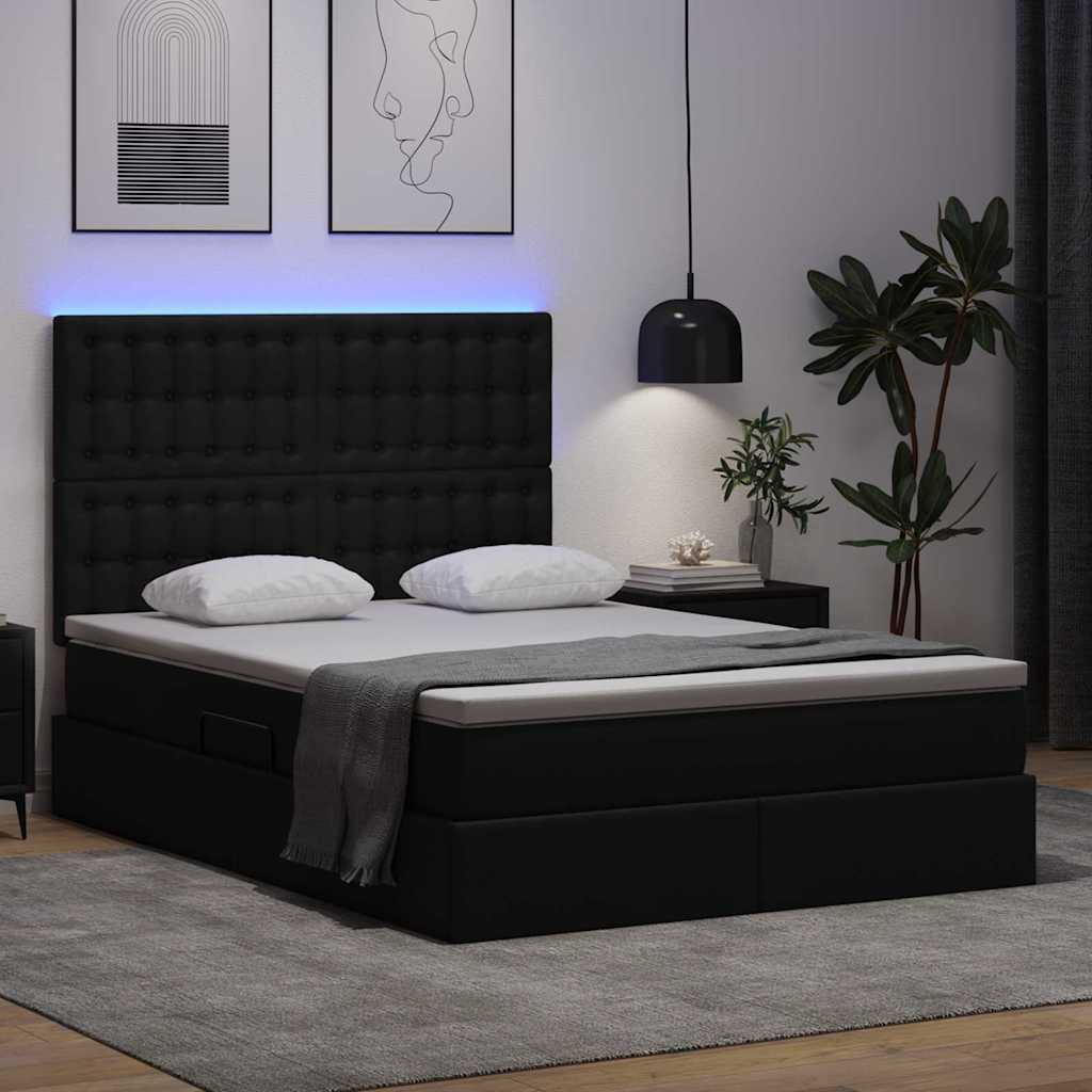 Letto con contenitore e LED Nero 140 x 200 cm Pelle Sintetica