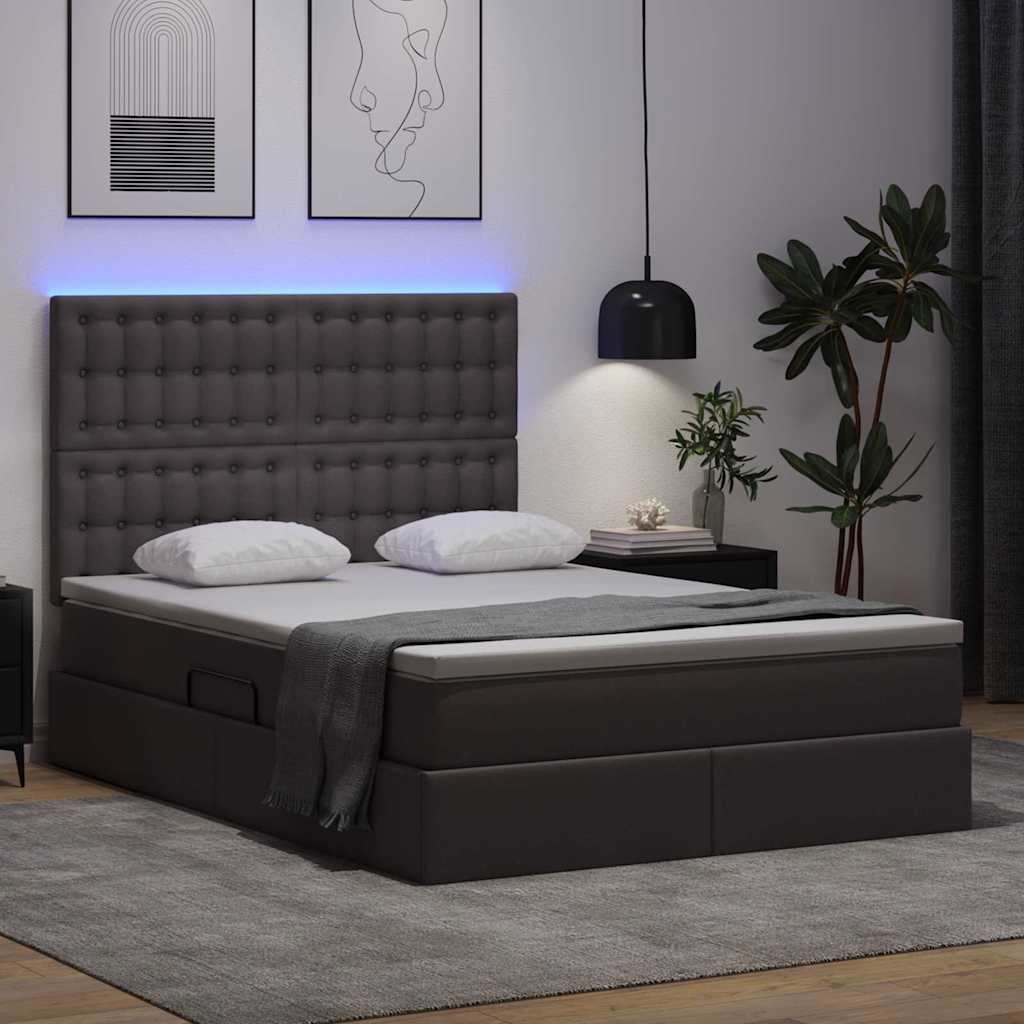 Letto con contenitore e LED Grigio 140 x 200 cm Pelle Sintetica