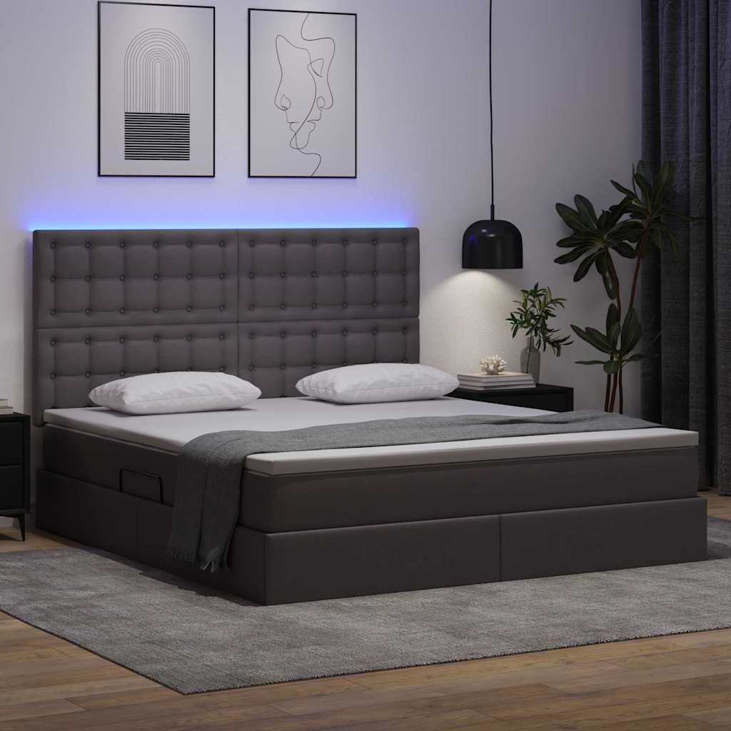 Letto con contenitore e LED Grigio 180 x 200 cm Pelle Sintetica