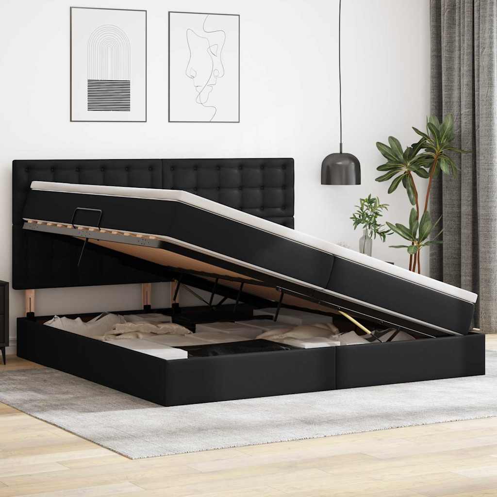 Letto con contenitore e LED Nero 200 x 200 cm Pelle Sintetica | homemem39
