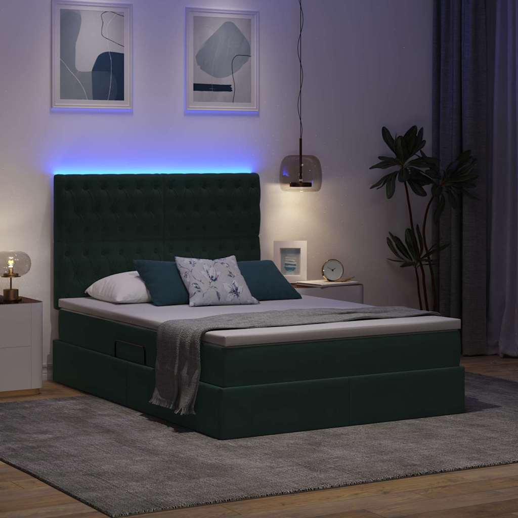 Letto con contenitore e LED Verde Scuro 140 x 200 cm Velluto