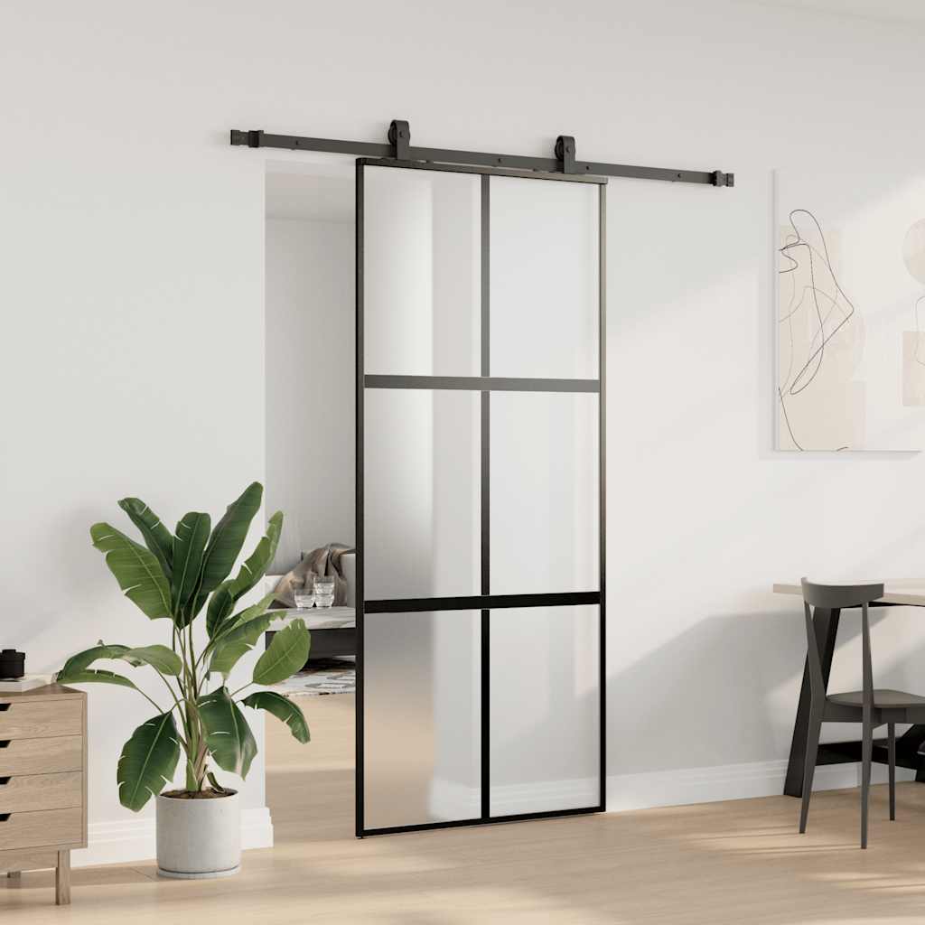 Porta Scorrevole Set Ferramenta Nera 90x205 cm Vetro Temperato