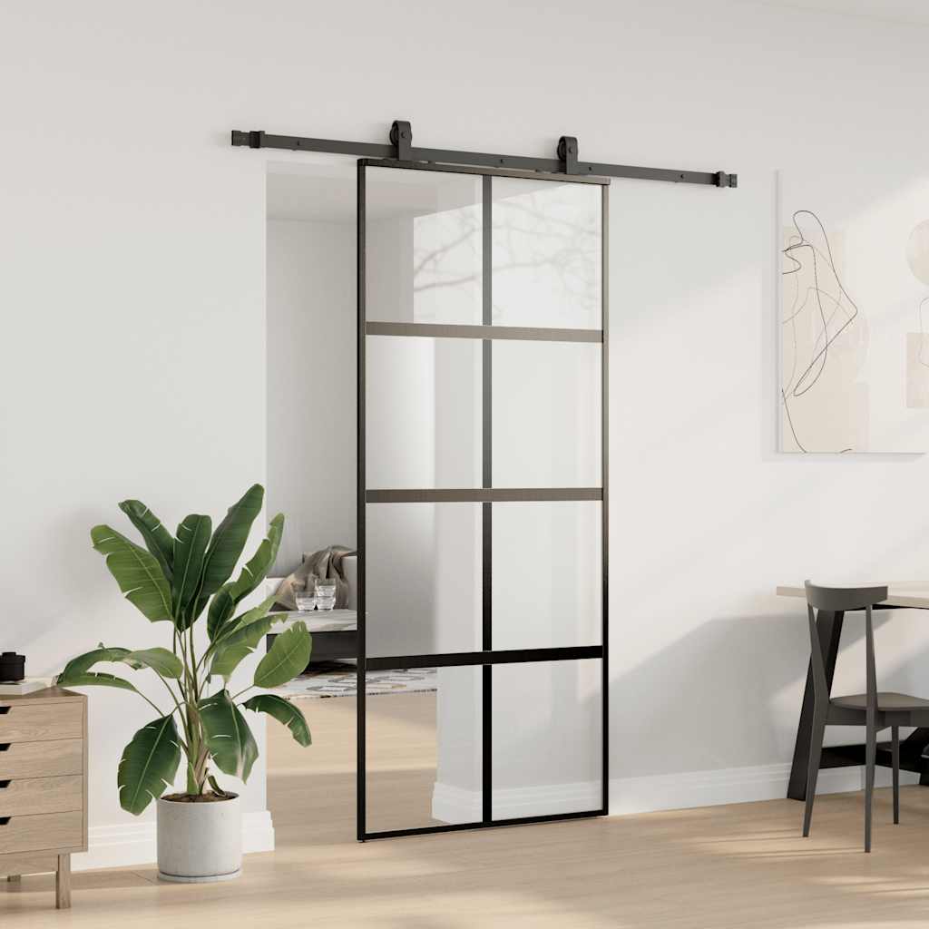 Porta Scorrevole Set Ferramenta Nera 90x205 cm Vetro Temperato