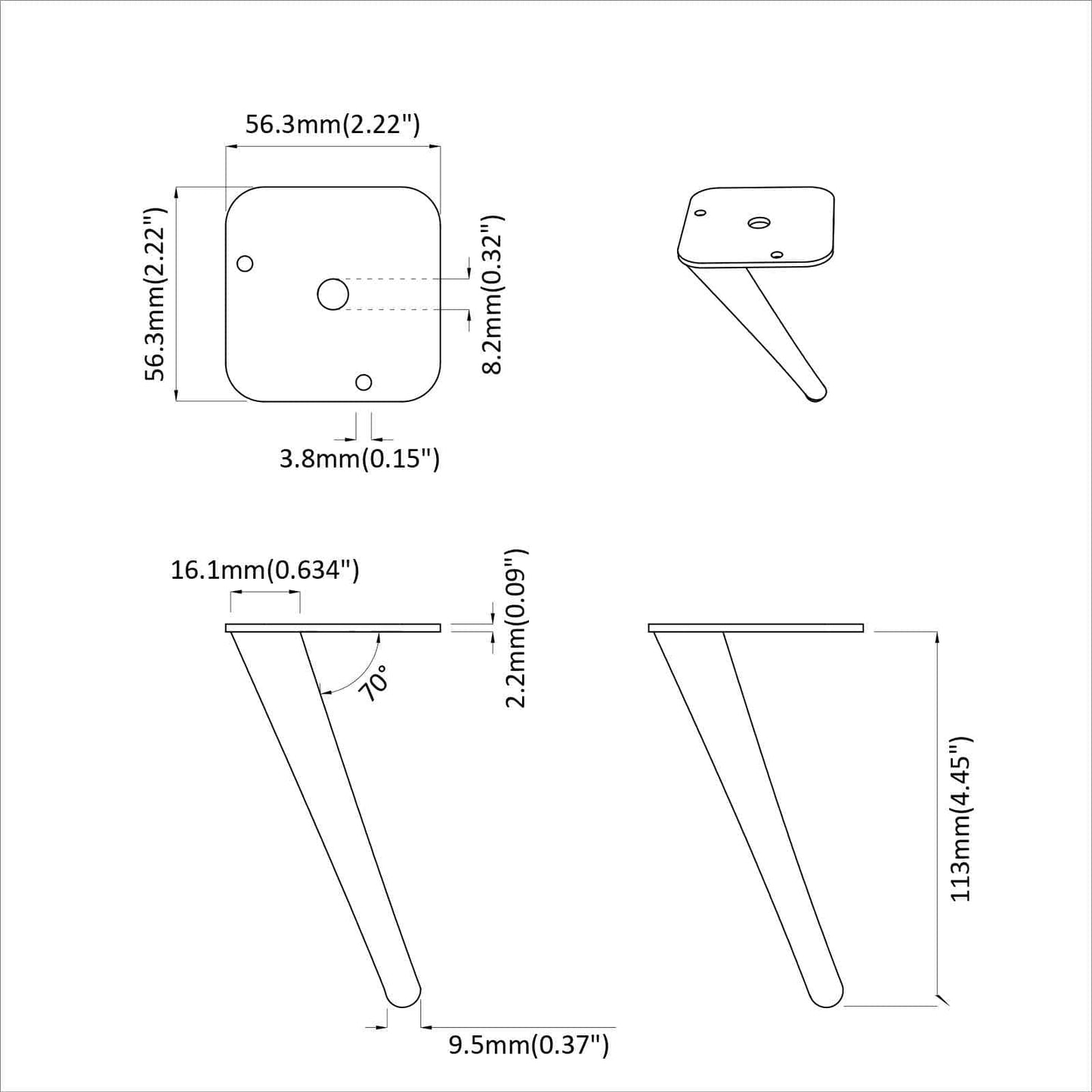 Piedini in Piedi 2 pcs Nero 56 x 56 x 100 mm Ferro