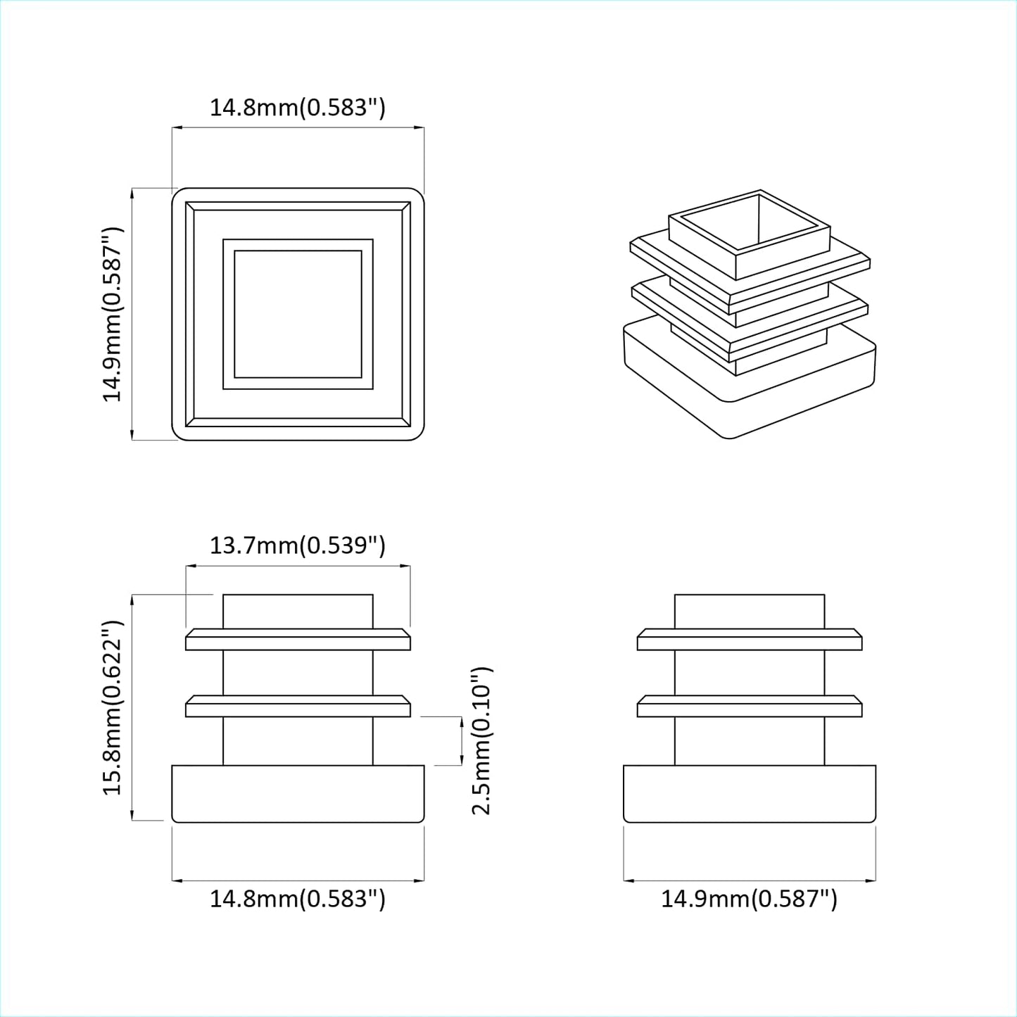 Tappi terminali 12 pcs Nero 15 x 15 x 15 mm PP