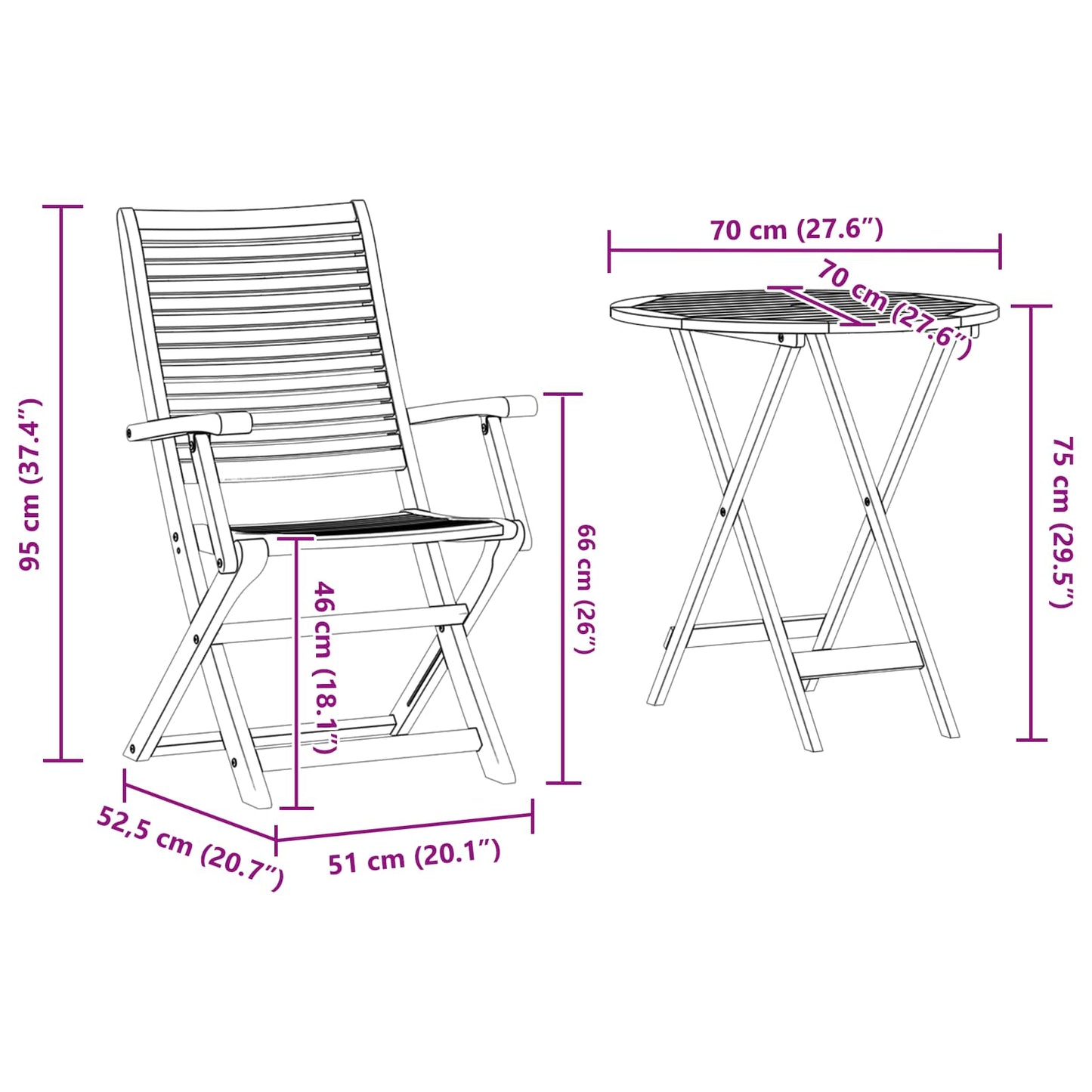 Set Bistro Pieghevole 3 pcs Marrone Legno di Acacia Massello
