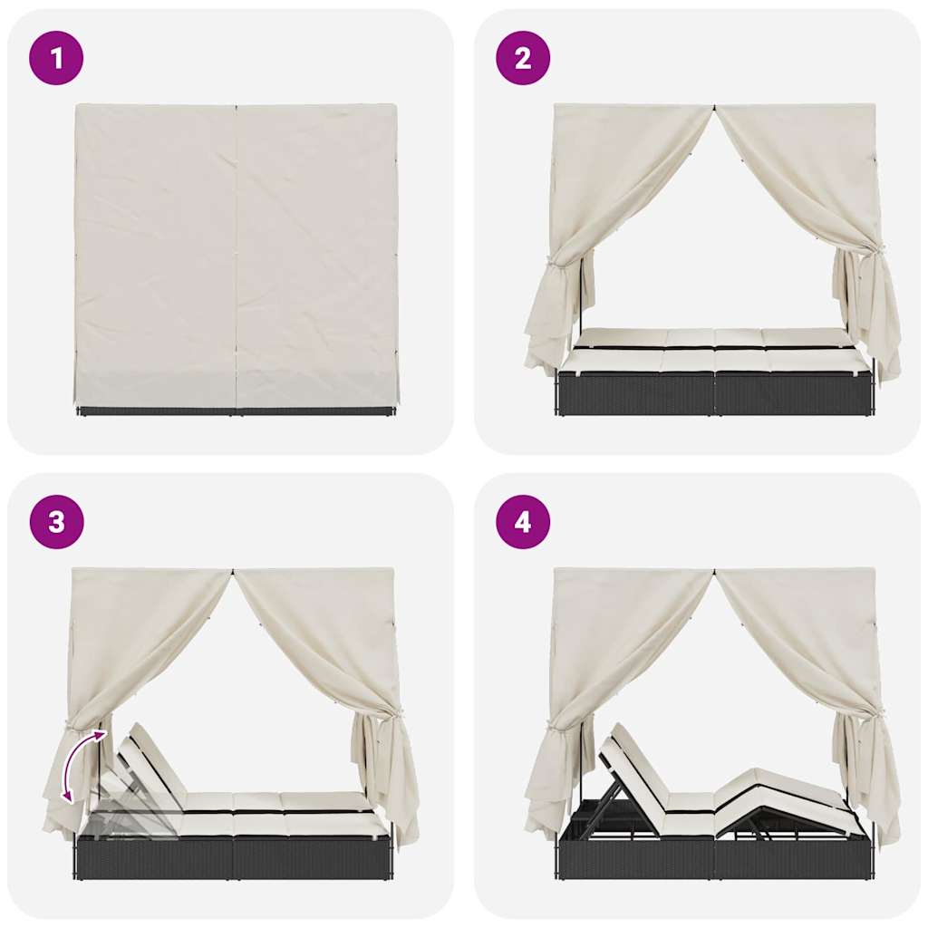 Lettino doppi con Tetto Nero 205 x 129 x 200 cm Rattan PE