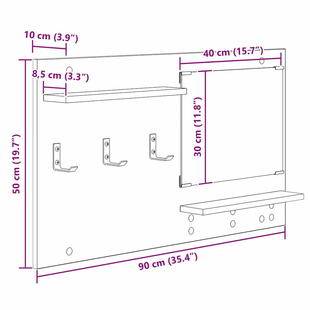 Appendiabiti a muro con lo scaffale Rovere Nero 90 x 10 x 50 cm