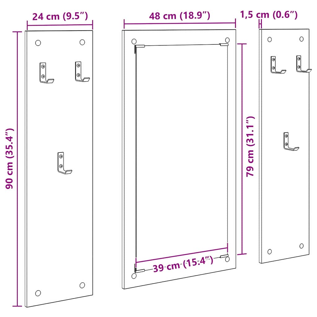 Appendiabiti a muro con specchio Rovere Nero 96 x 1,5 x 90 cm