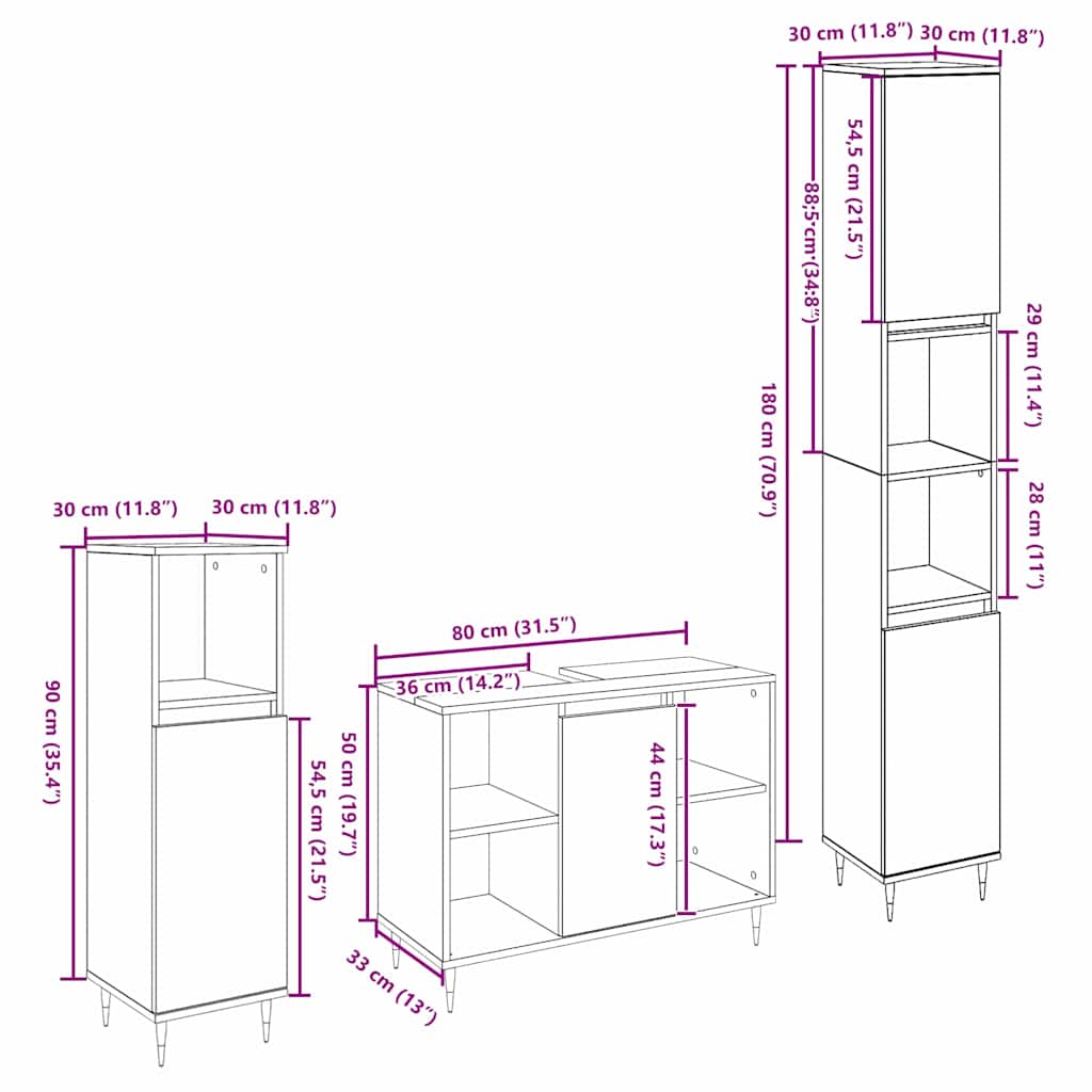 Set di mobili per il bagno con porta 3 pcs Rovere artigianale | homemem39